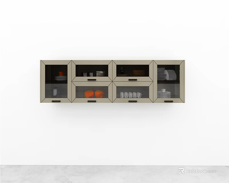 Modern Wall Mounted Cabinets With Glass Doors Storing Dishes And Cups 3d model 