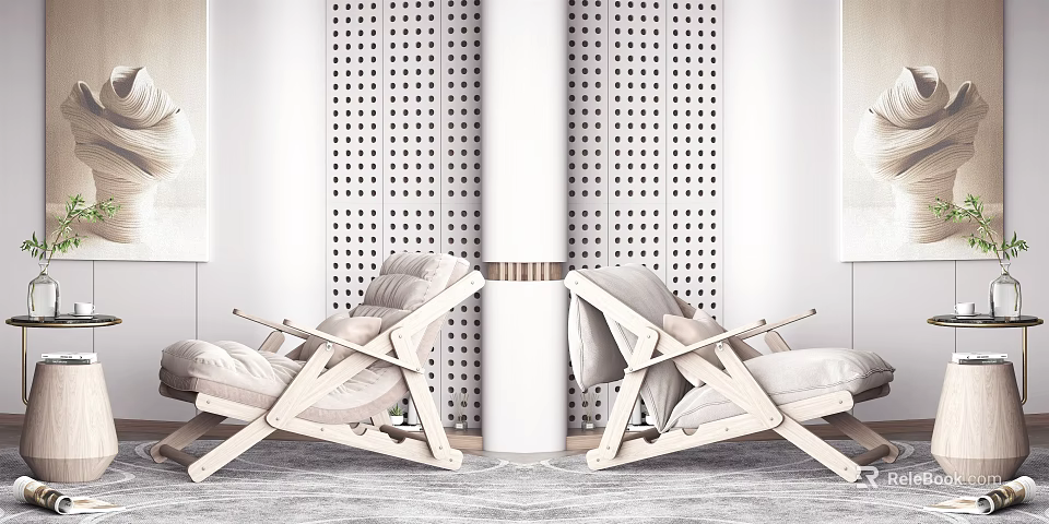 Modern Wooden Frame Leisure Chairs With Plush Cushions And Perforated Wall Backdrop 3d model 
