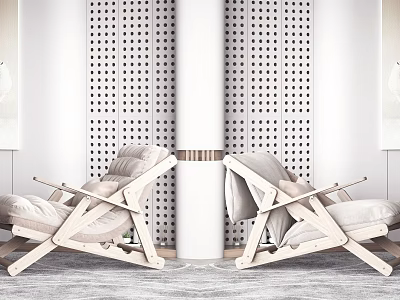 Modern Wooden Frame Leisure Chairs With Plush Cushions And Perforated Wall Backdrop 3d model