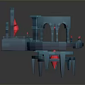 3D Rendered Fantasy Landscape With Blue Architectural Structure Circular Platform Arches And Red Glowing Elements