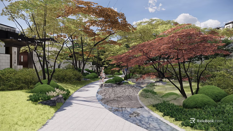 Residential Landscape with Curved Pathway Red Green Trees and Stone Stream 3d model 