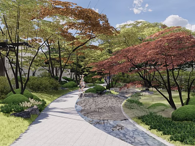 Residential Landscape with Curved Pathway Red Green Trees and Stone Stream 3d model