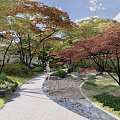 Residential Landscape with Curved Pathway Red Green Trees and Stone Stream