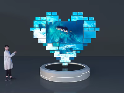 Innovative Computer Heart Shaped Block Display With Ocean Ship Imagery And Circular Base 3d model