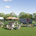 Outdoor Camping Site With Green Grass Trees Tables Chairs And Food Truck