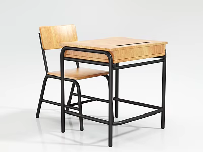 Sturdy Wooden Desk and Chair Set with Top Groove and Black Metal Legs 3d model