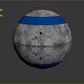 Metallic Sphere With Silver Surface And Blue Horizontal Stripes Featuring Circular Components