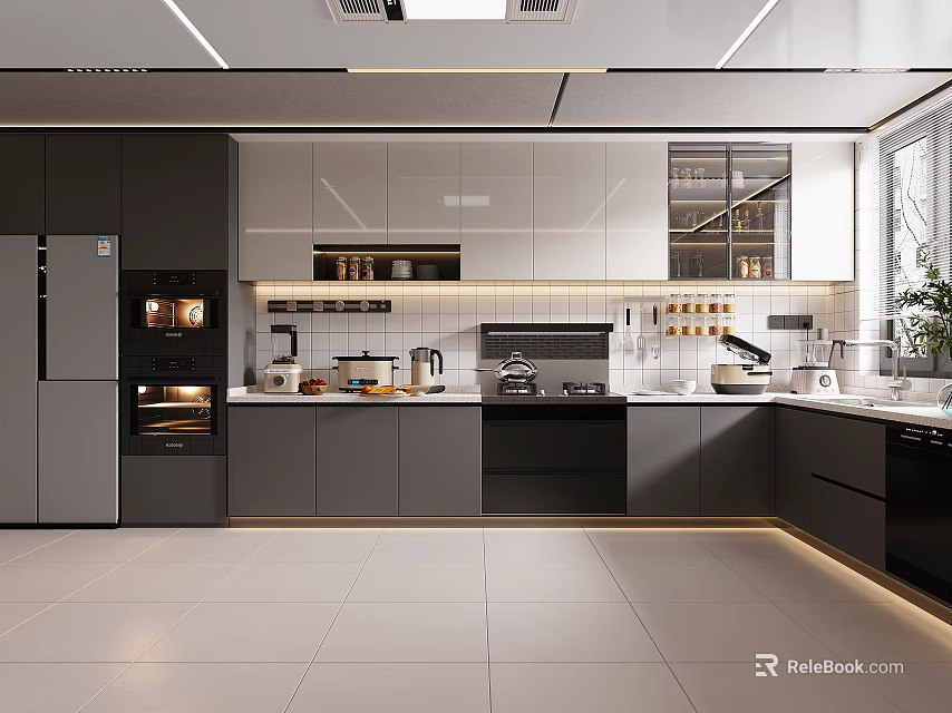 Modern Kitchen Interior Design With Black And White Cabinets And Stainless Steel Appliances 3d model 