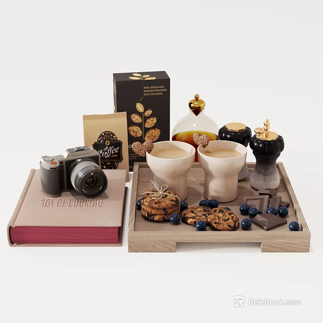 Decorative Ornament Set with Vintage Camera Cookbook Cookies Blueberries and Mugs on Wooden Tray 3d model 