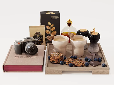Decorative Ornament Set with Vintage Camera Cookbook Cookies Blueberries and Mugs on Wooden Tray 3d model