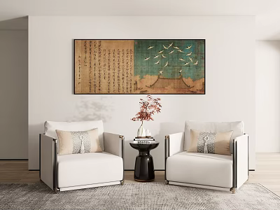 Elegant White Single Seater Sofa with Cushions Round Table Red Flower Vase and Wall Art 3d model