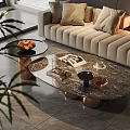 Elegant Modern Sofa and Coffee Table Set with Marble Tops Cushions and Decorative Items