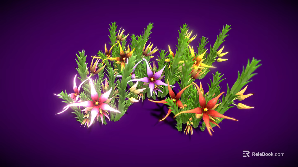 Vibrant Plants With Green Leaves And Colorful Flowers Including Pink Purple Red And Yellow Blooms 3d model 