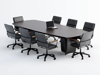 Modern Dark Colored Conference Table with Black Office Chairs and Laptop 3d model