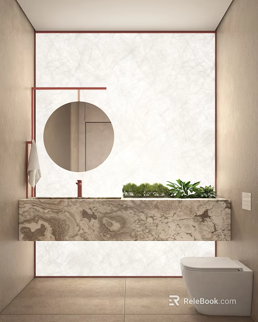 Modern Bathroom Interior With Round Mirror Marble Countertop Green Plants And Textured Wall 3d model 