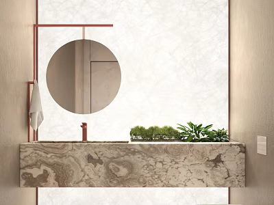 Modern Bathroom Interior With Round Mirror Marble Countertop Green Plants And Textured Wall 3d model