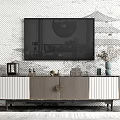Modern TV Stand Design With Mounted TV And Decorative Items On Textured Wall