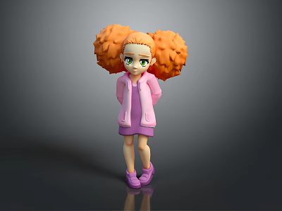 Game and Movie Character With Orange Puffy Pigtails Green Eyes Pink Jacket Dress And Shoes 3d model