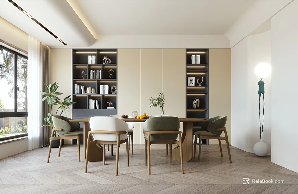 Modern Restaurant Interior With Wooden Dining Table Chairs Bookshelves And Plants 3d model 