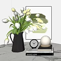 White Yellow Tulips in Black Vase with Clock Sphere Ornament and Books Decorative Set for Home