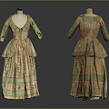 Two Piece Vintage Historical Clothing Featuring Green Beige Floral Pattern Ruffled Design And Collar