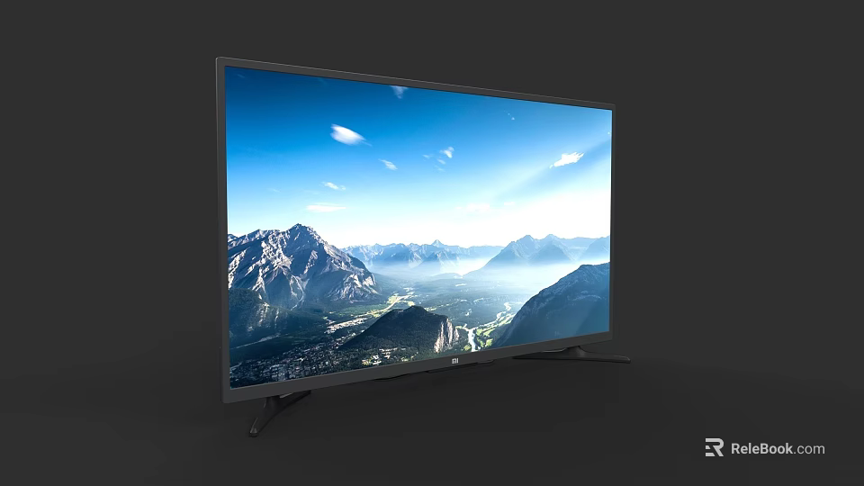 Sleek Black Frame Television Displaying Stunning Mountain Landscape And Blue Sky 3d model 