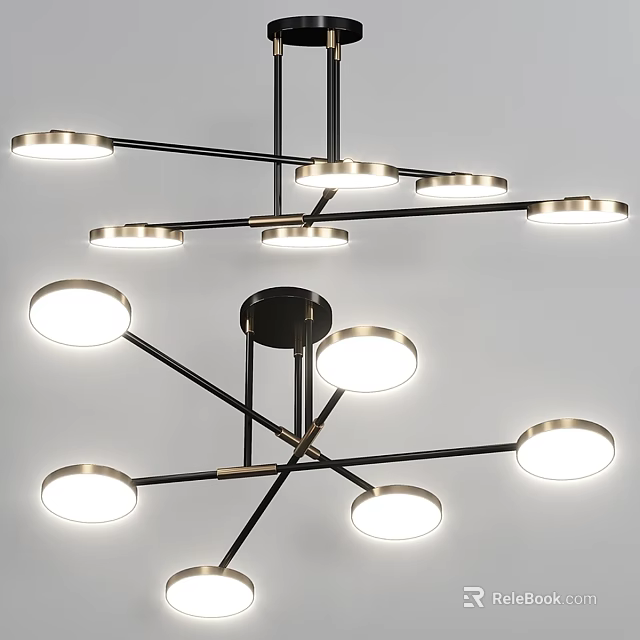 Modern Chandelier Structural Components With Round Light Panels And Black Metal Arms 3d model 