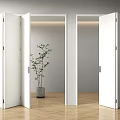 White Folding Doors Open And Closed In Modern Interior With Wooden Floor And Green Plant