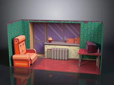 Scenic Window View In Cozy Interior With Green Patterned Walls Orange Armchair And Vintage TV 3d model