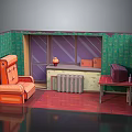 Scenic Window View In Cozy Interior With Green Patterned Walls Orange Armchair And Vintage TV