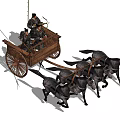 Ancient Wooden War Chariot Pulled By Four Horses With Warriors