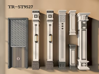 Different Architectural Columns With Various Design Styles And Ornate Decorative Door 3d model