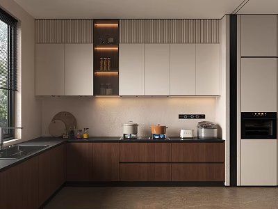 Modern Kitchen Interior Design With White And Brown Cabinets Countertop Appliances And Natural Light 3d model