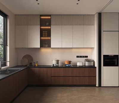 Modern Kitchen Interior Design With White And Brown Cabinets Countertop Appliances And Natural Light 3d model