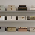 Various Soft Colored Decorative Storage Boxes With Unique Clasps On Shelves 3d model