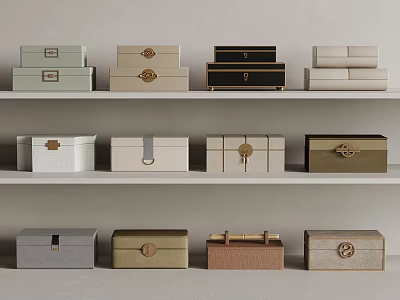 Various Soft Colored Decorative Storage Boxes With Unique Clasps On Shelves 3d model