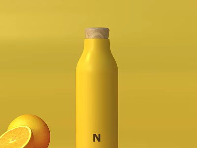 Yellow Water Bottle With Wooden Lid Fresh Oranges And Letter N On Yellow Background 3d model