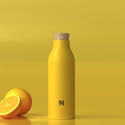 Yellow Water Bottle With Wooden Lid Fresh Oranges And Letter N On Yellow Background 3d model