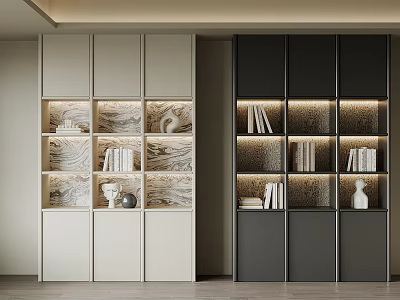 Modern Light And Dark Colored Bookcase With Illuminated Shelves Books And Decorative Items 3d model