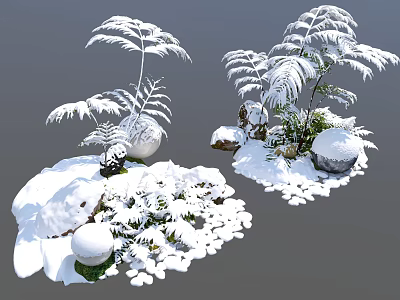 Snow Covered Arbor Trees With Ferns Stones And White Snow Accents 3d model