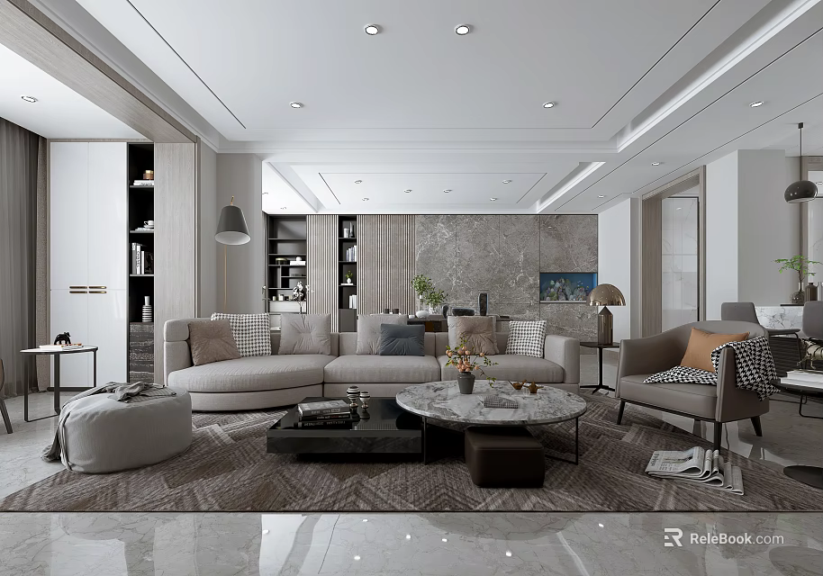 Modern Living Dining Room Interior With Sectional Sofa Coffee Table And Patterned Rug 3d model