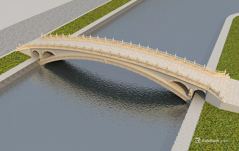Arch Bridge Spanning Over Calm Water Channel With Stone Railings Green Grass And Gray Pavement 3d model 