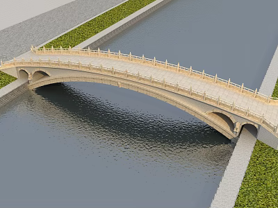 Arch Bridge Spanning Over Calm Water Channel With Stone Railings Green Grass And Gray Pavement 3d model