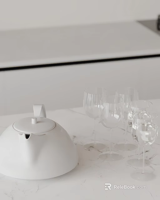 White Teapot And Clear Wine Glasses On Modern Kitchen Countertop 3d model 