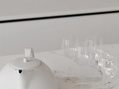 White Teapot And Clear Wine Glasses On Modern Kitchen Countertop 3d model