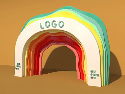 Multicolored Layered Rainbow Archway with Top Logo and Side Decorative Text in Modern Design 3d model