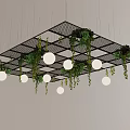 Modern Ceiling Design with Black Grid Hanging Green Plants and Round Lights 3d model