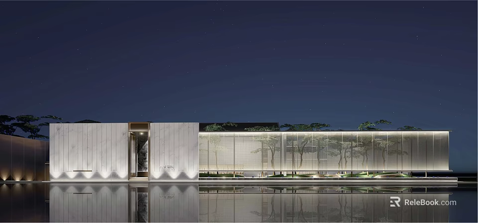 Modern Guesthouse Building With Night View White Walls Glass Curtain Walls Water Reflection And Trees 3d model 