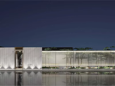 Modern Guesthouse Building With Night View White Walls Glass Curtain Walls Water Reflection And Trees 3d model