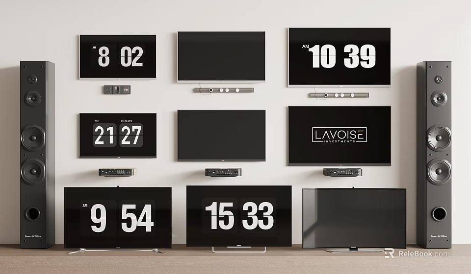 Multiple Wall Mounted TVs with Screen Displays of Time and Text 3d model 